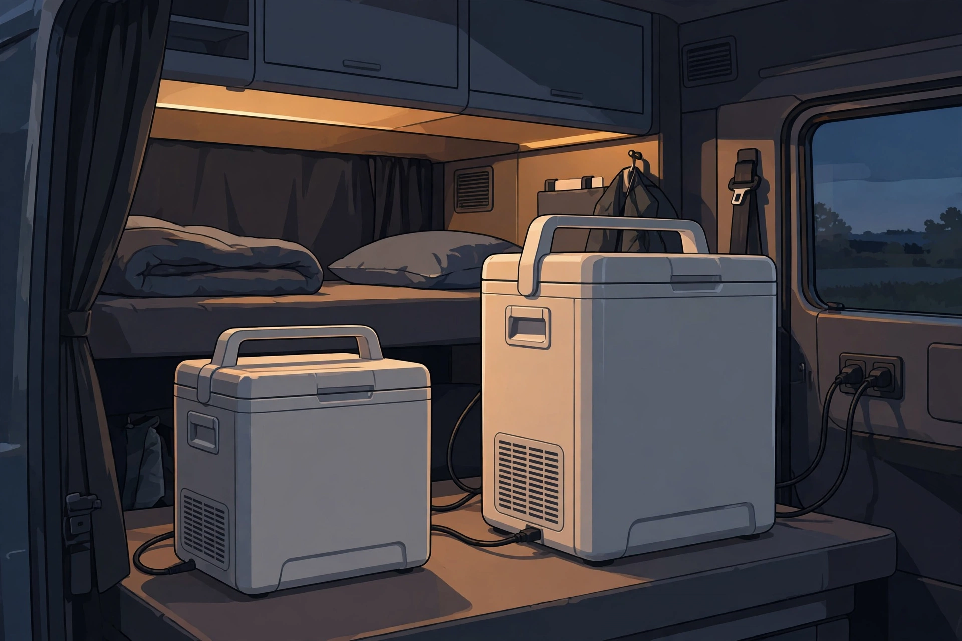 Illustration, not a product photo: 35L and 45L portable 12V coolers in a sleeper cab
