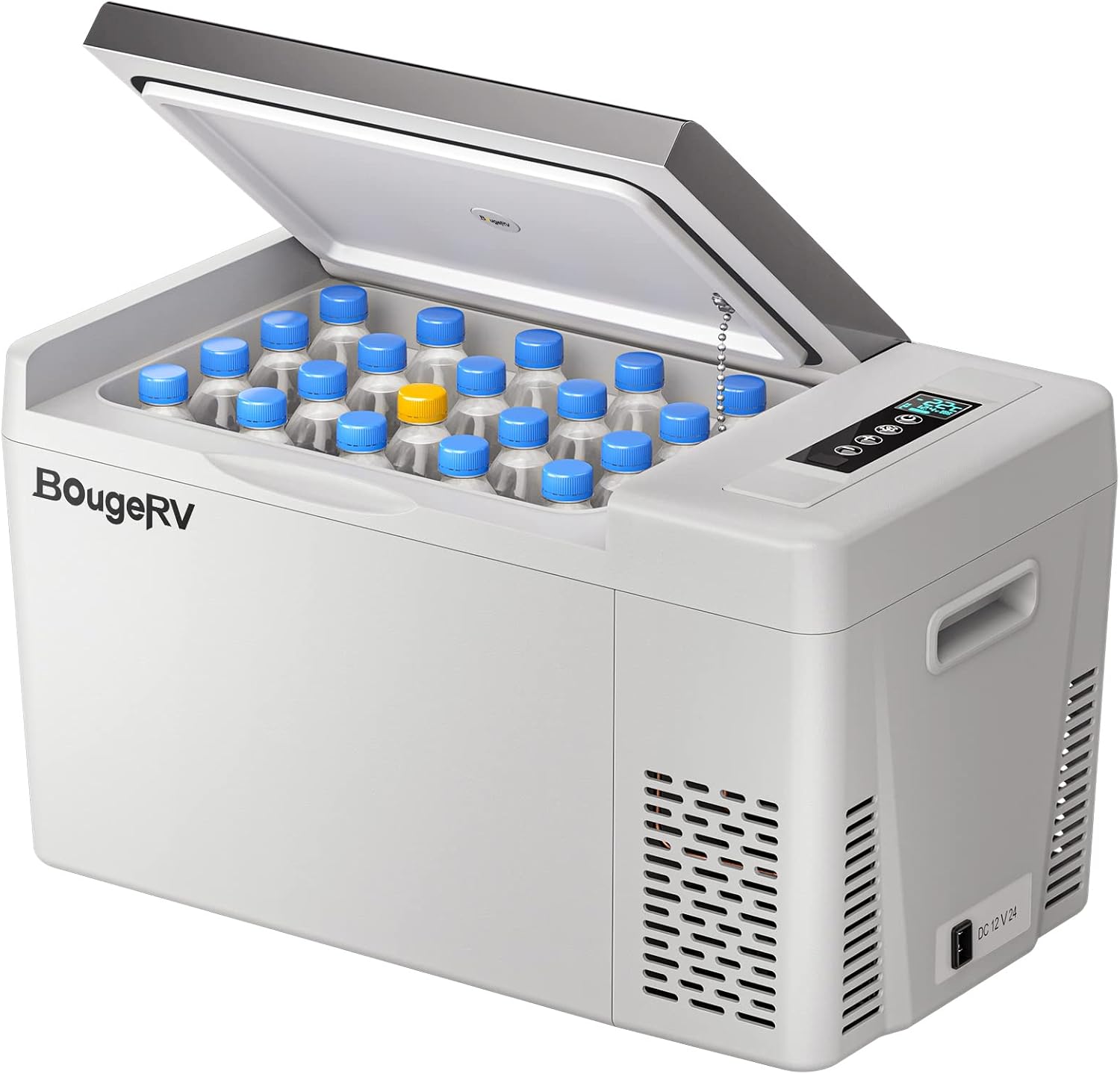 BougeRV 23 Quart 12V cooler with the lid open, holding bottles.