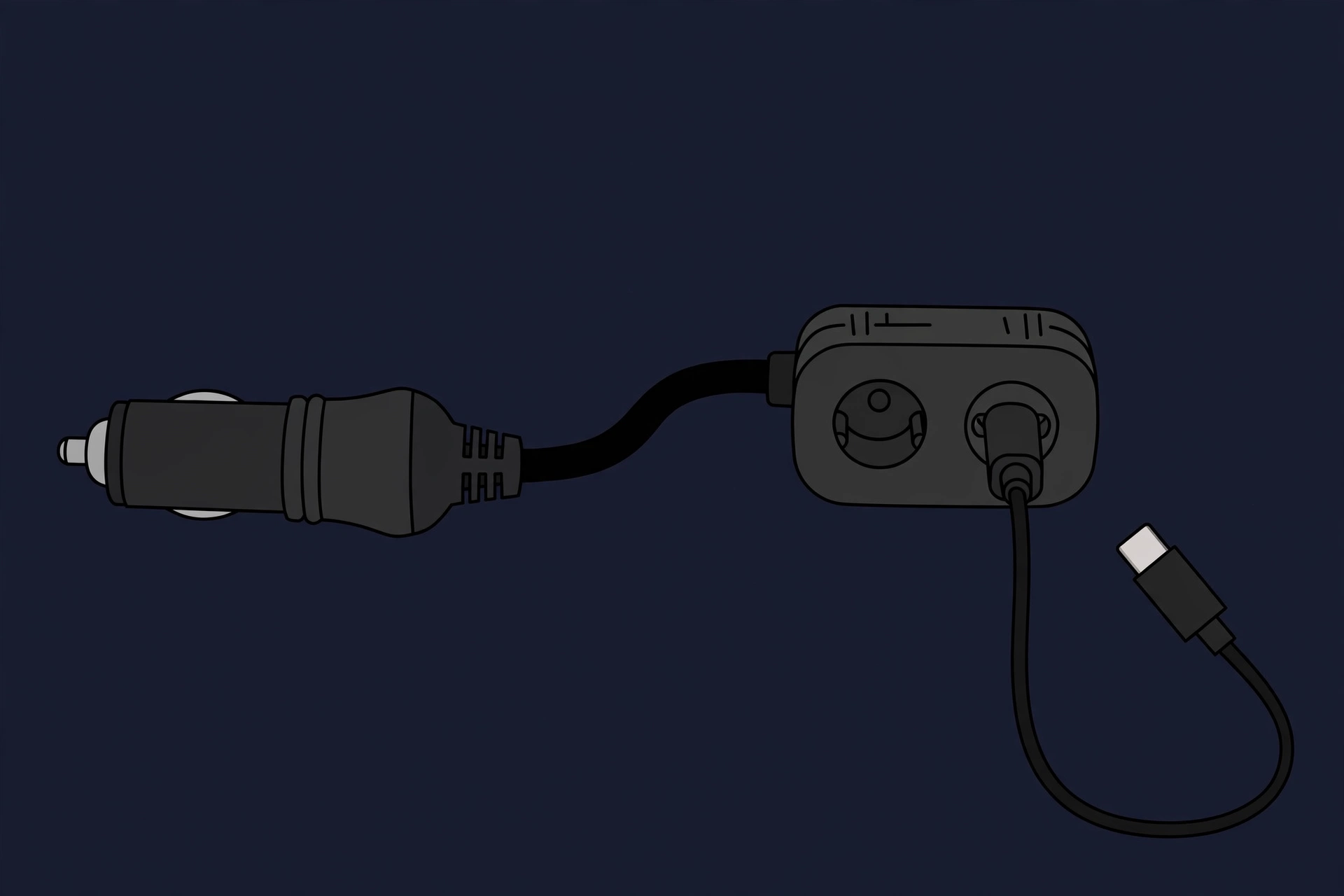 Illustration of a generic fused 12V power splitter with two sockets and a cigarette-lighter plug