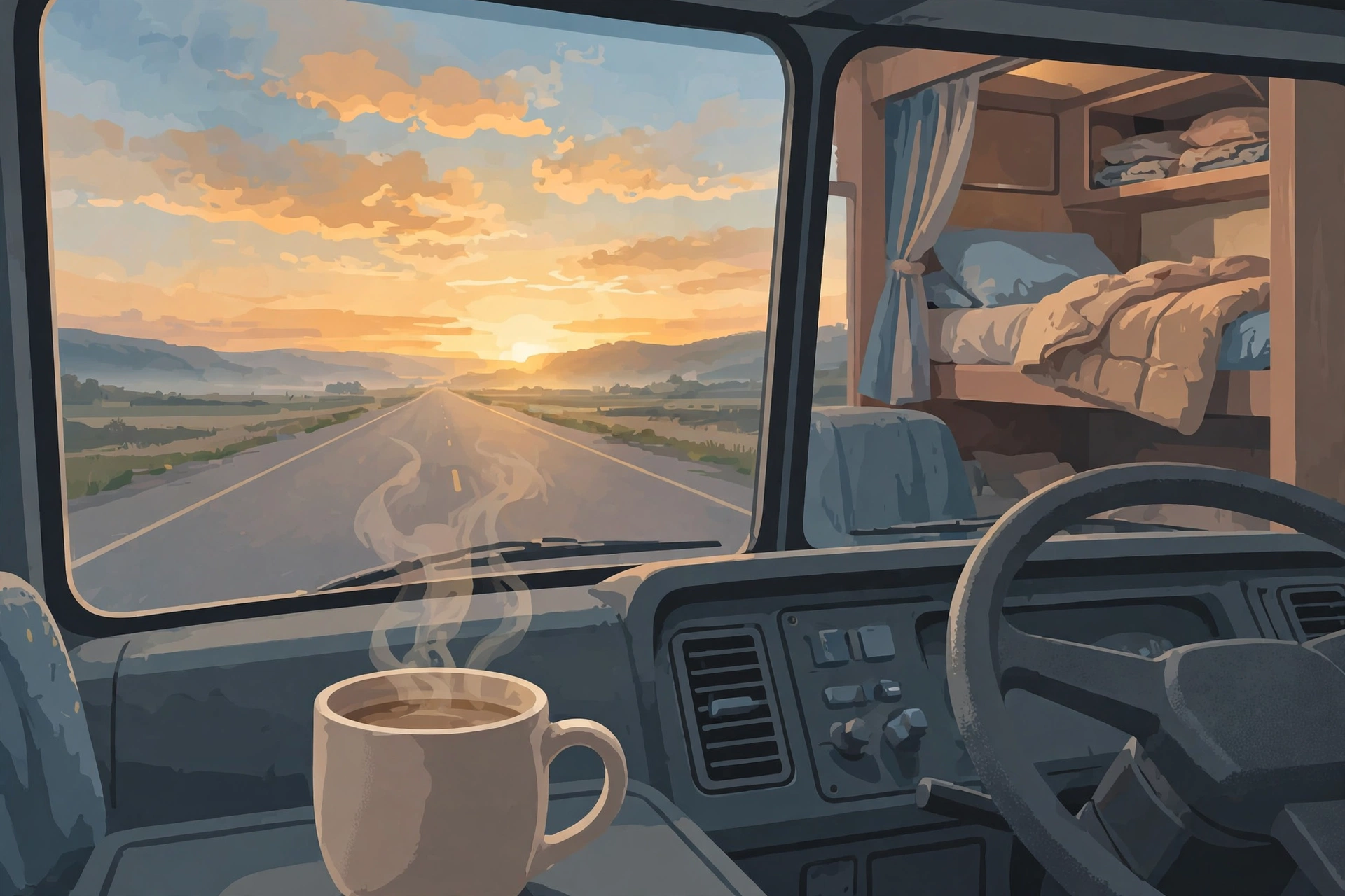 Illustration of a steaming coffee mug on a truck dashboard at sunrise, sleeper bunk behind