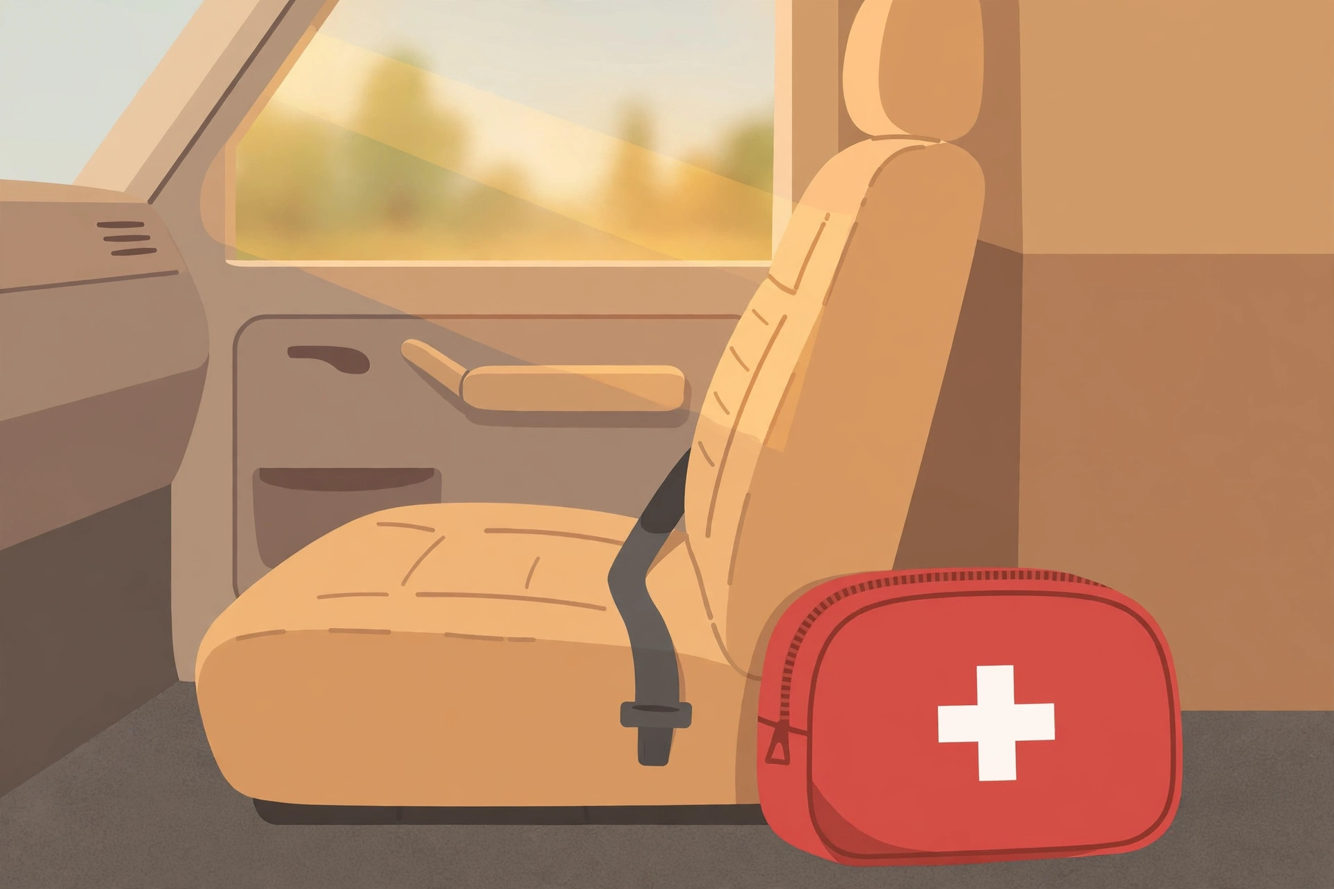Illustration of a generic compact vehicle first-aid kit: red zippered case with a white cross, shown beside a truck seat