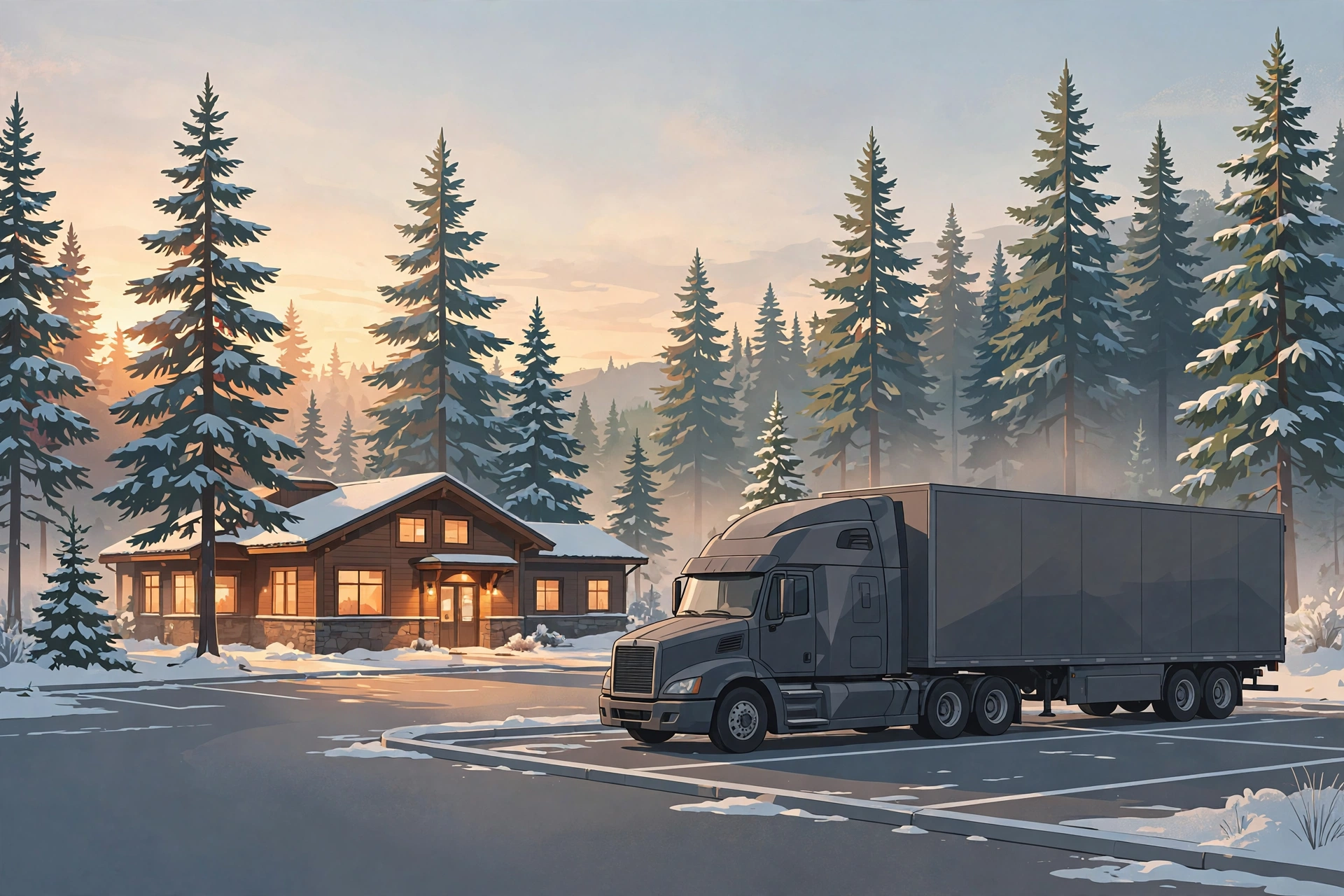 Illustration of a semi-truck parked at a highway rest area at dawn