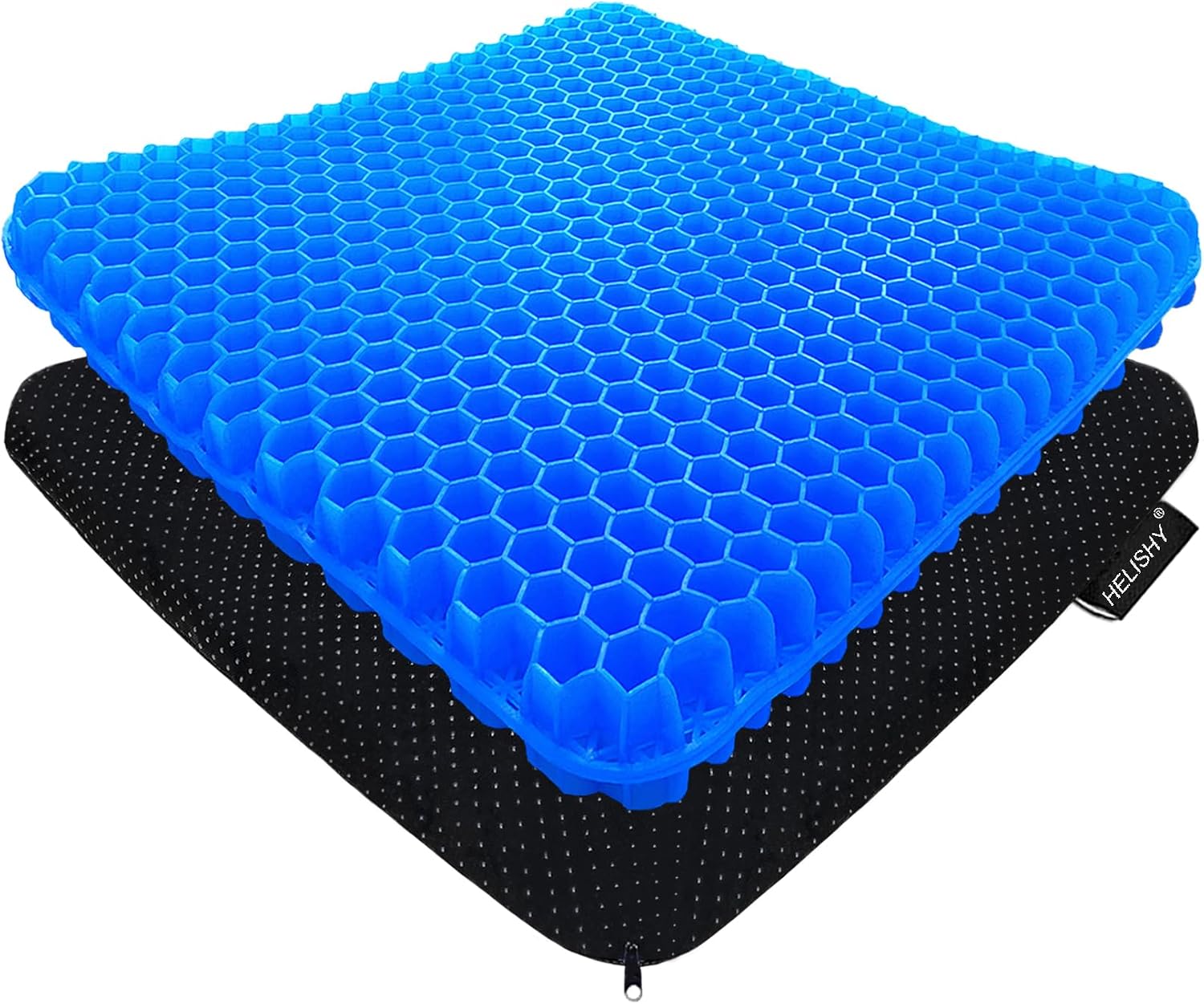 Helishy jumbo honeycomb gel cushion — blue TPE gel grid on a black non-slip cover