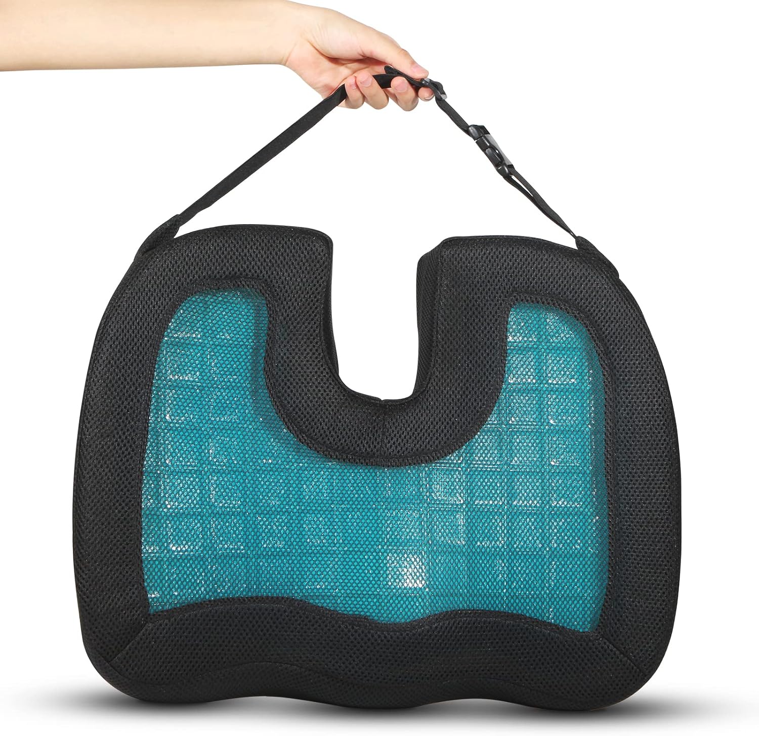 MargGona Gel Enhanced cushion — black mesh cover with teal gel layer visible through it and a tailbone cutout