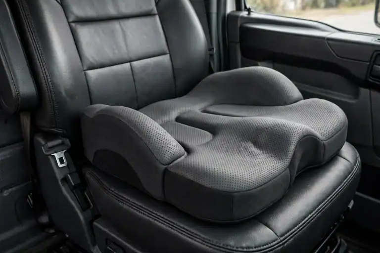 Contoured seat cushion on a truck driver seat