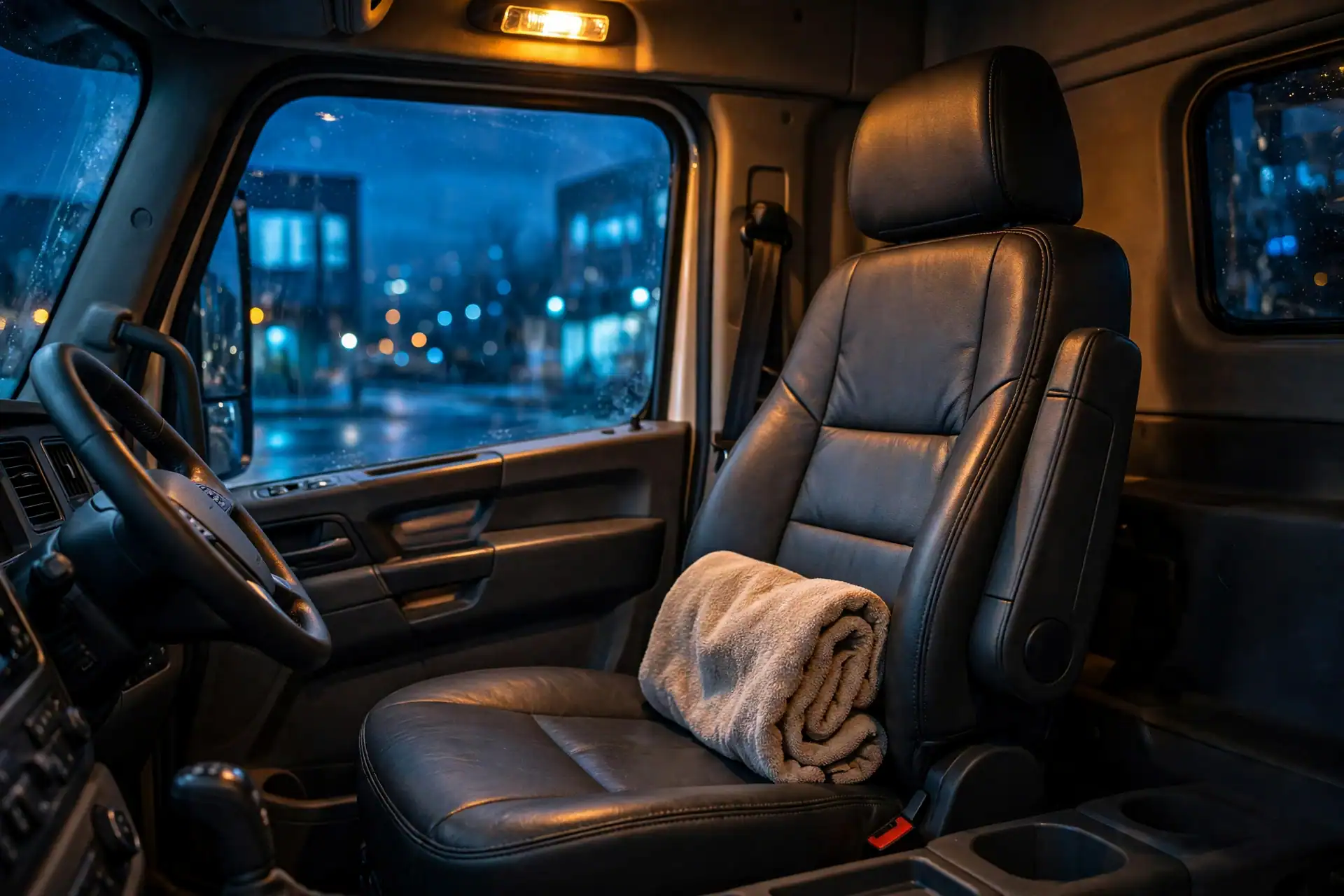 Truck driver seat with a rolled towel at the lumbar curve, in warm cab light