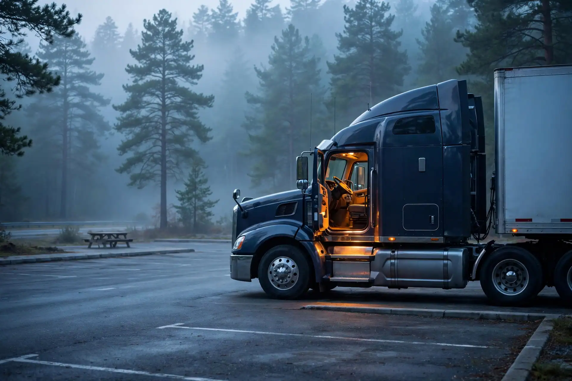 Truck driver stretching shoulders at a rest stop at dawn