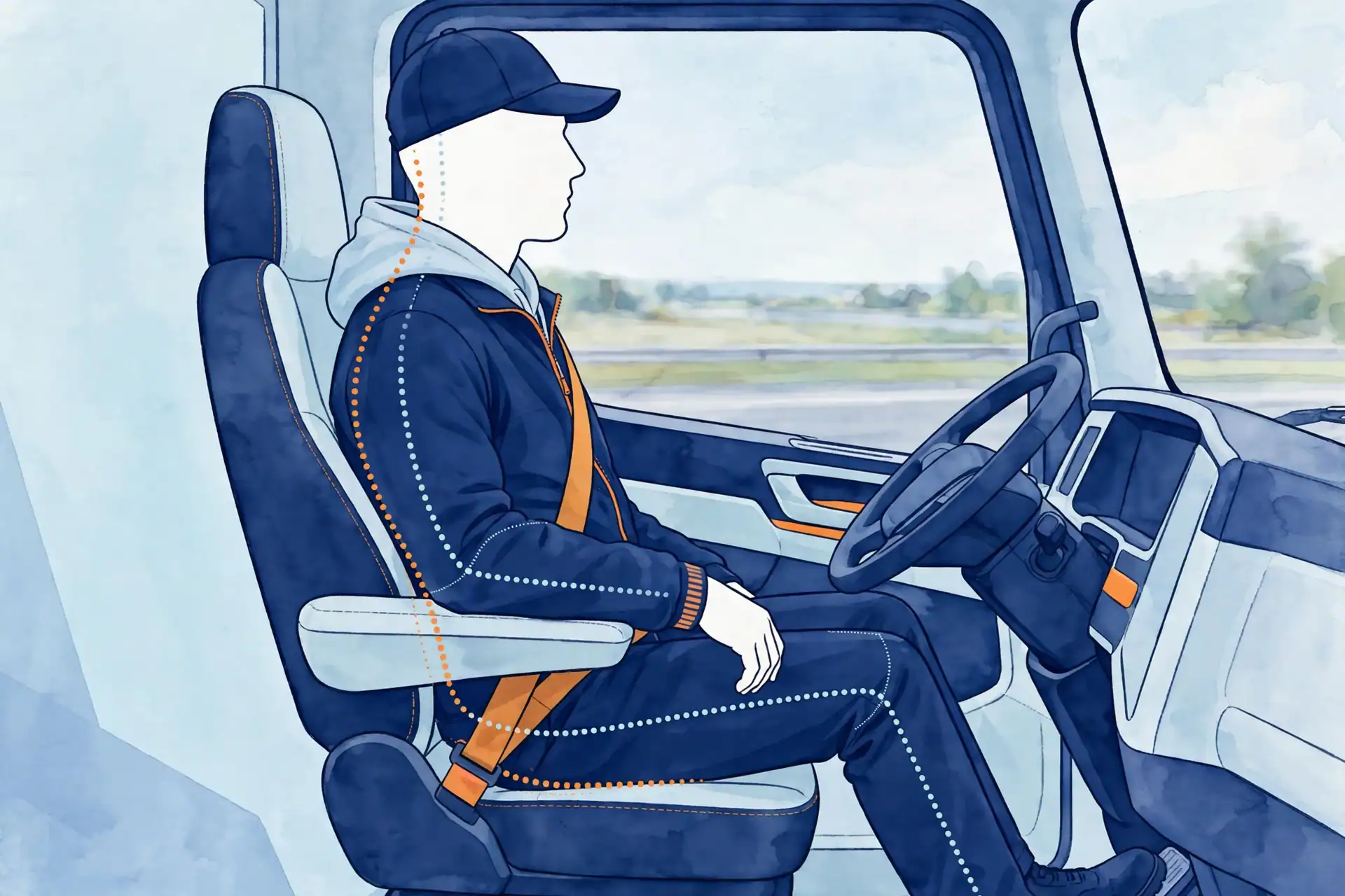 Illustration, not a product photo: truck driver posture setup in the cab