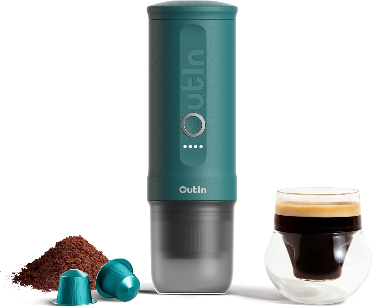 OutIn Nano portable espresso machine with a freshly pulled espresso shot