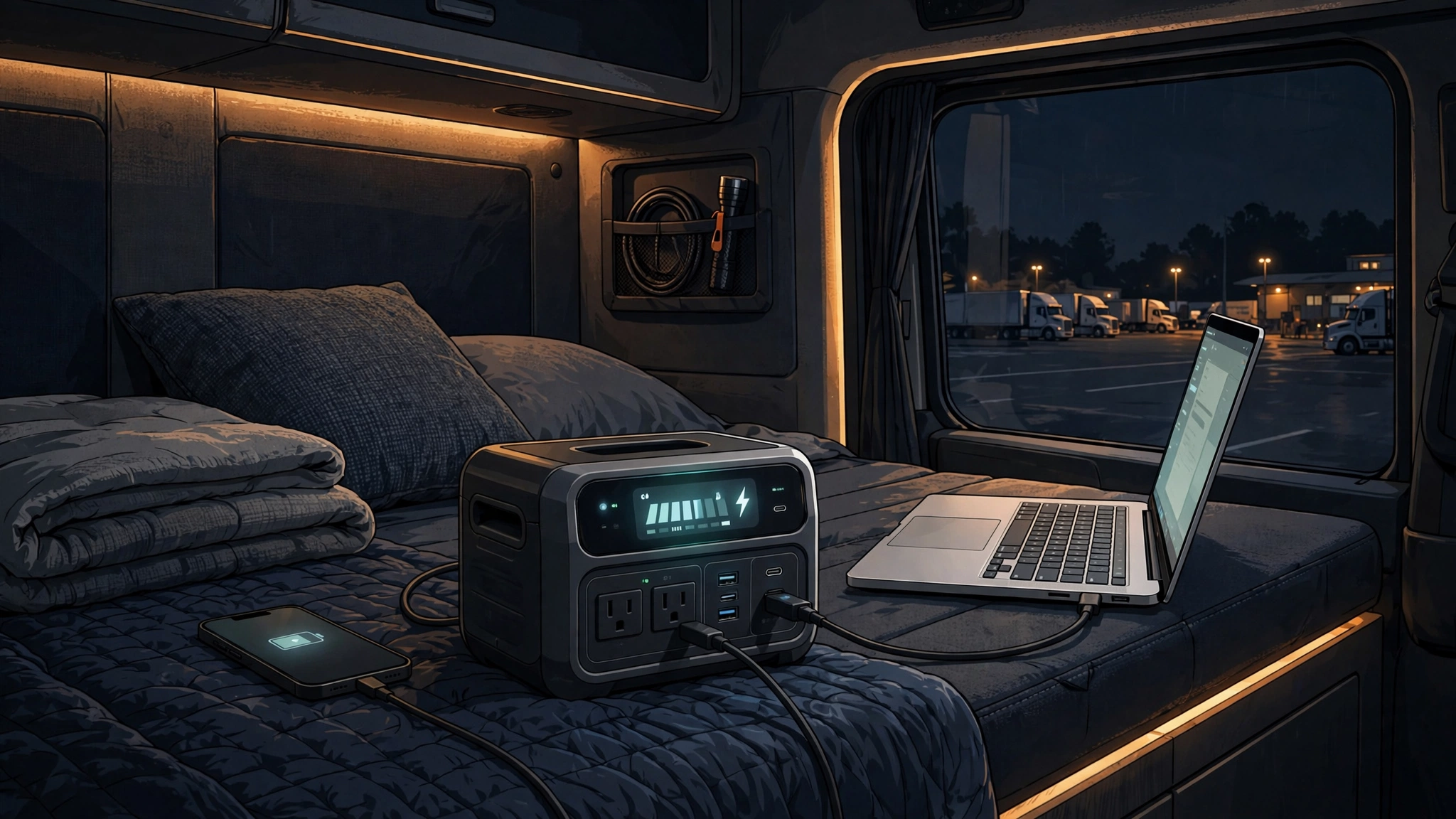 Illustration, not a product photo: portable power station charging gear in a truck cab
