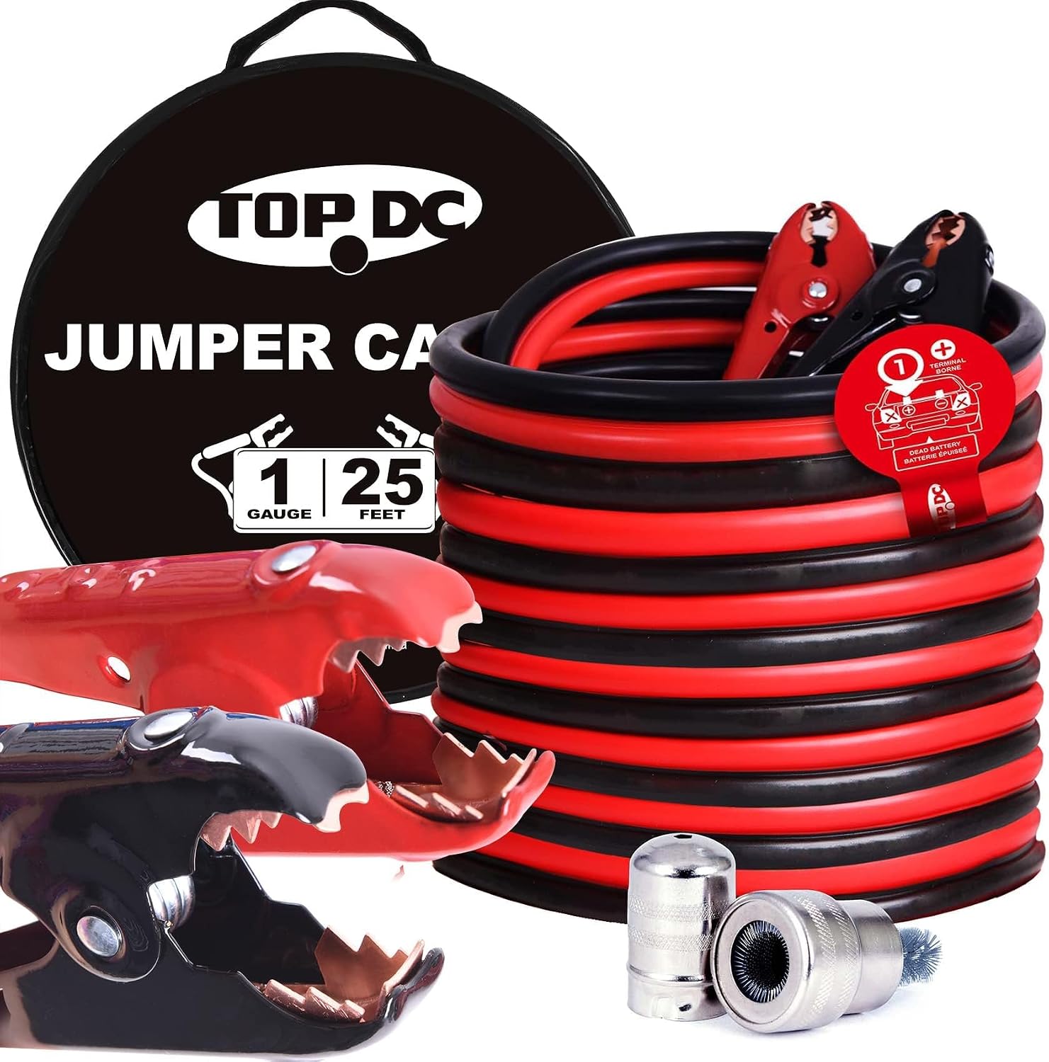 TOPDC 1-gauge 25-foot heavy-duty jumper cables, product photo